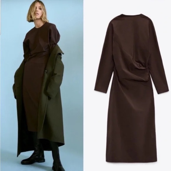 Zara Dresses & Skirts - Zara Ruched Brown Midi Stretch Dress Long Sleeve FALL Sz Large